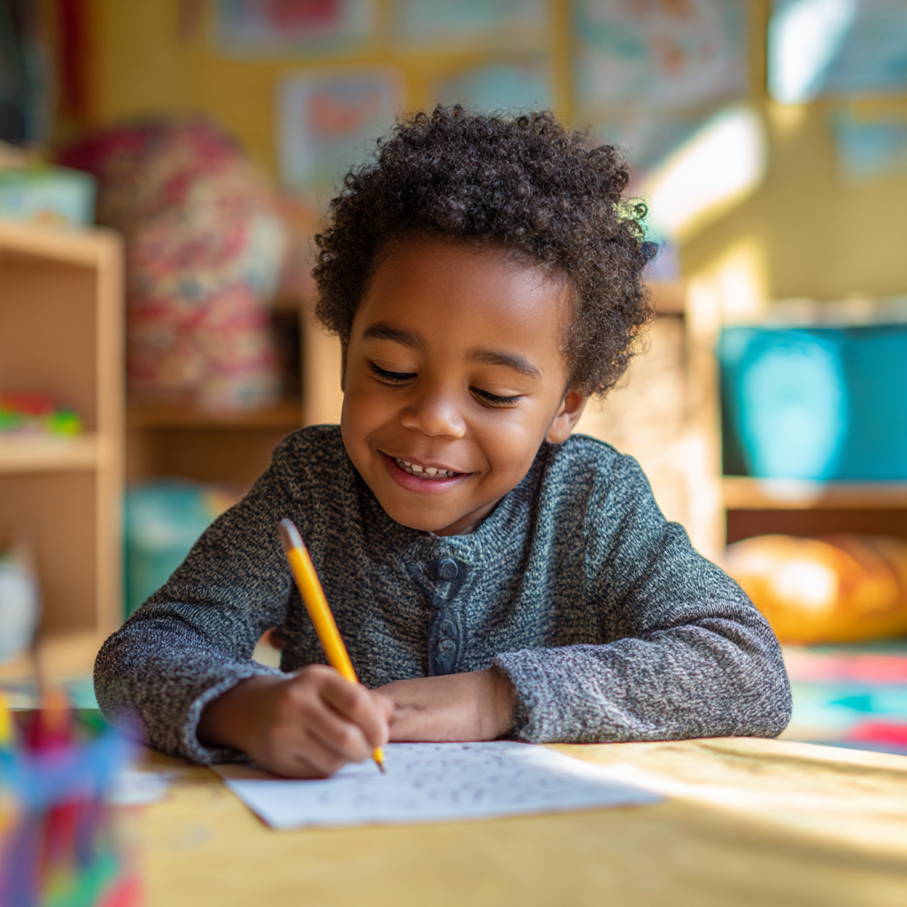 A boy writing a letter